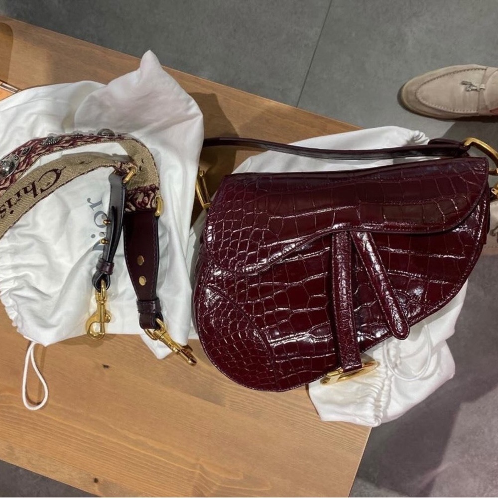 Christian Dior burgundy Alligator Saddle bag gold hardware 2019